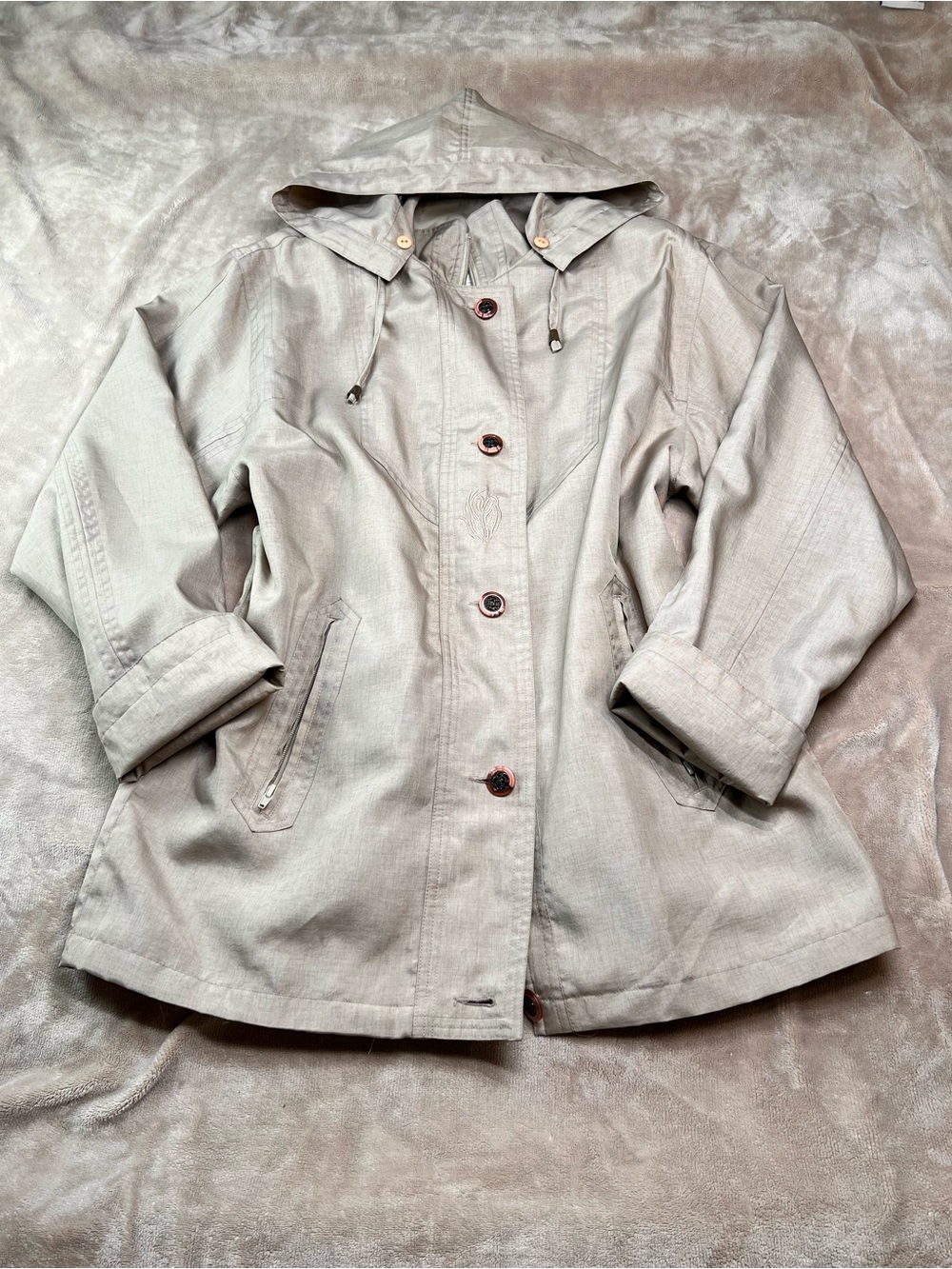 VINTAGE Beige Oversized Button and Zipper Hooded Lightweight Fall Jacket - Sz M